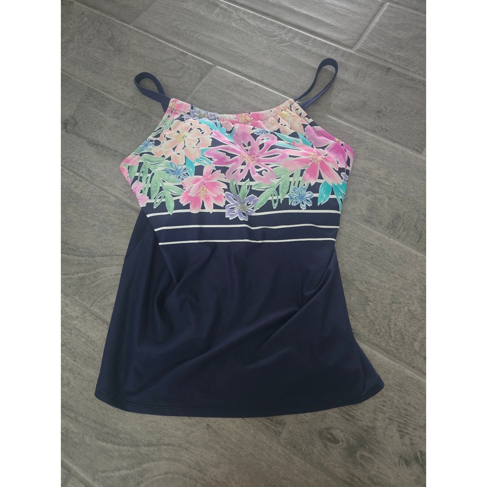 Beach House Navy Blue Floral Striped High Neck Tankini Top Size 10 Adjustable